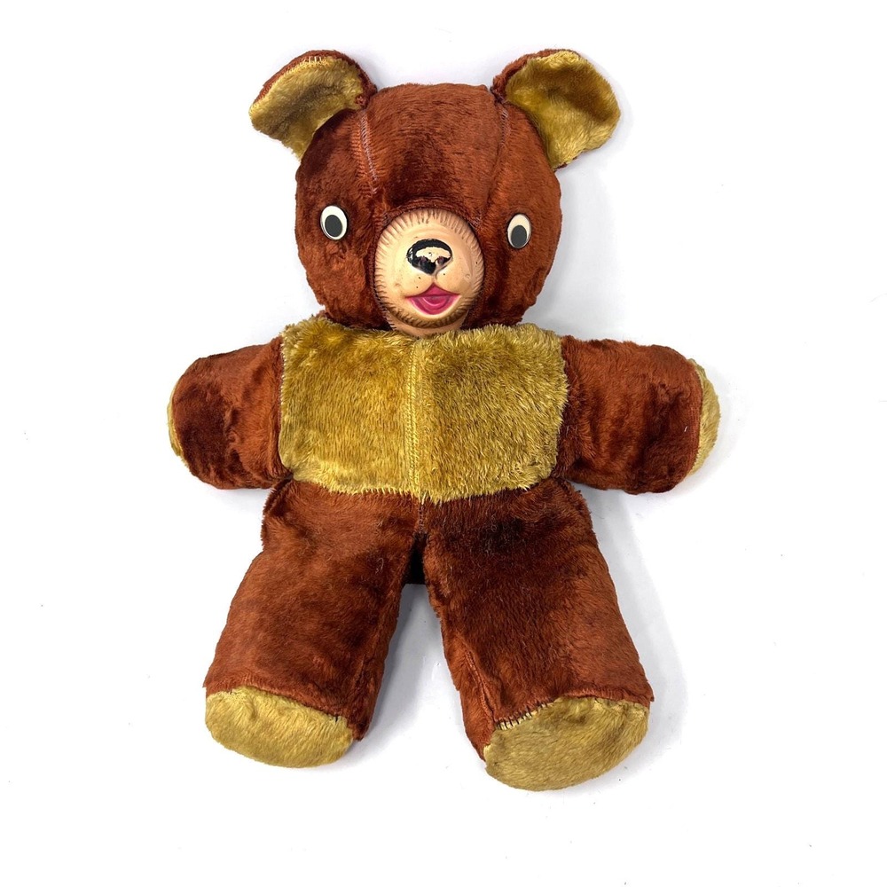 Vintage Rubber Face Teddy Bear Googlie Eyes 50s 60s Brown Yellow 14" Googly